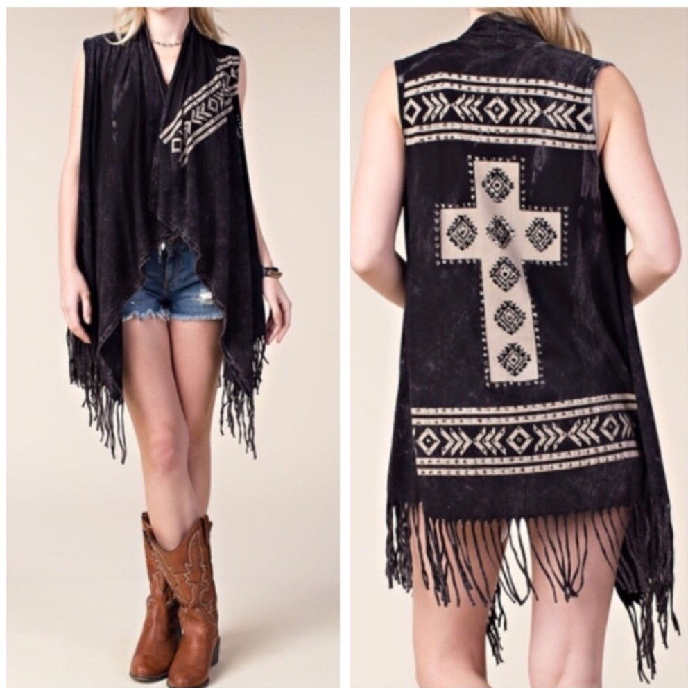 Vocal Womens Acid Wash Studded Cross Fringe Vest Black Southwestern Boho Medium